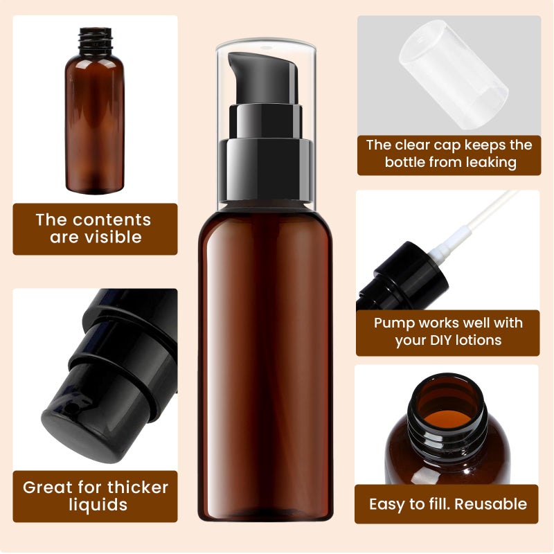 RAYNAG 5 Pack Travel Pump Bottles Empty Refillable Plastic Pump Bottle Spray Bottle Dispenser With Black Cap for Lotion Cream Essential Oil Travel Container, 50ml/1.7oz (Brown) - Image 4